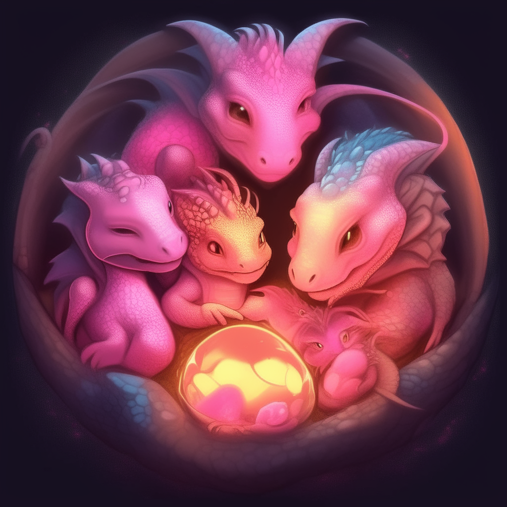 Several baby dragons of different colors curled up asleep together inside the large glowing pink heart