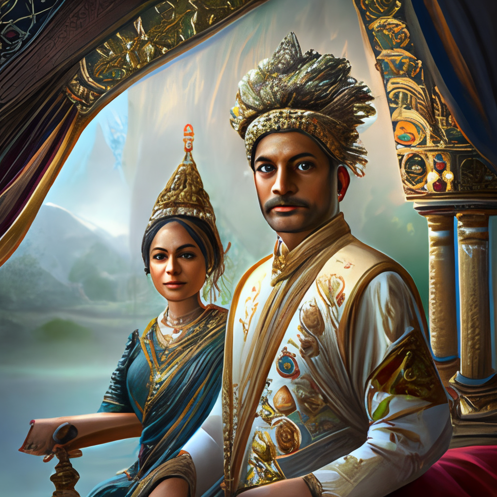 portrait painting of  indian royal couple ultra realistic, concept art, intricate details, eerie, highly detailed, photorealistic, octane render, 8 k, unreal engine. art by artgerm and greg rutkowski and alphonse mucha