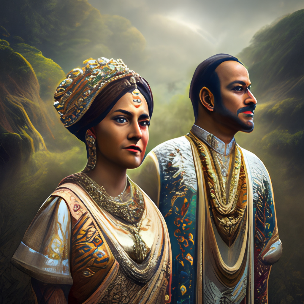 portrait painting of  indian royal couple ultra realistic, concept art, intricate details, eerie, highly detailed, photorealistic, octane render, 8 k, unreal engine. art by artgerm and greg rutkowski and alphonse mucha