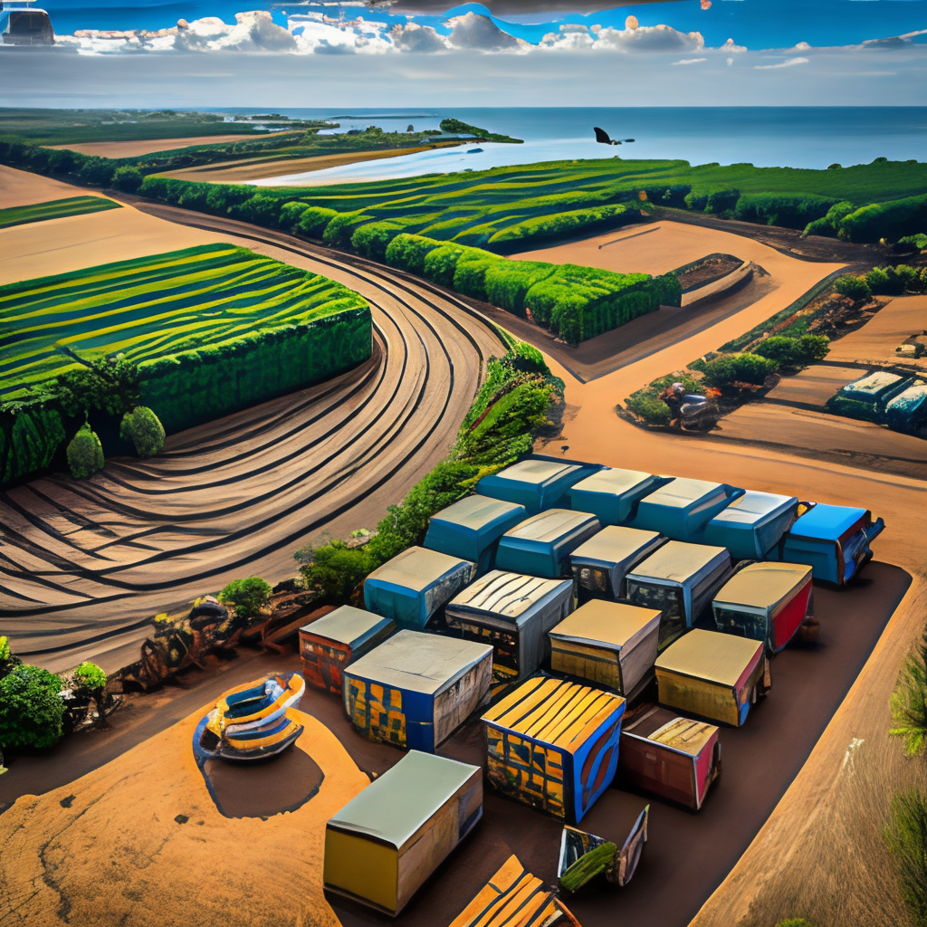 a photo of a banana plantation in Kenya with shipping containers, aerial view, sunny day