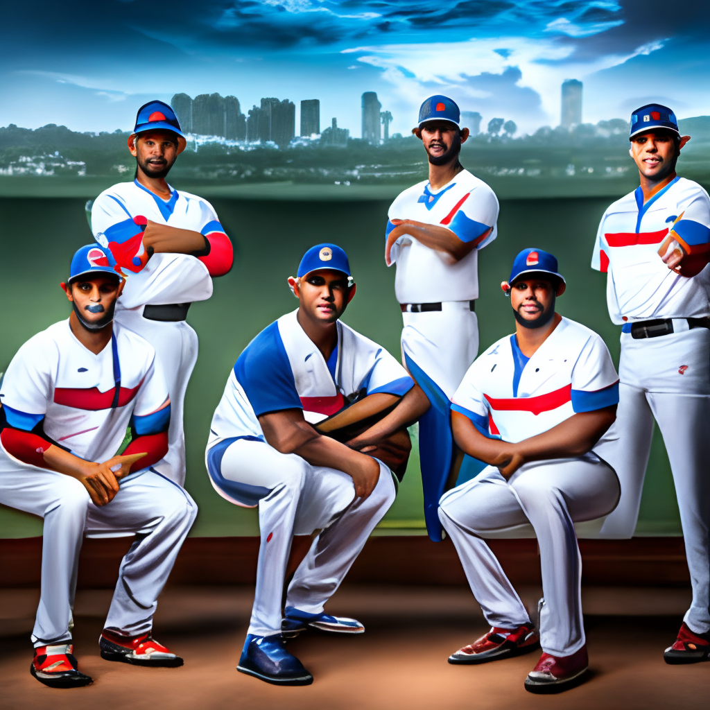 La imagen muestra el equipo de baseball de la República Dominicana en el clásico mundial,full HD,ultra realista,3/4 portrait,16k