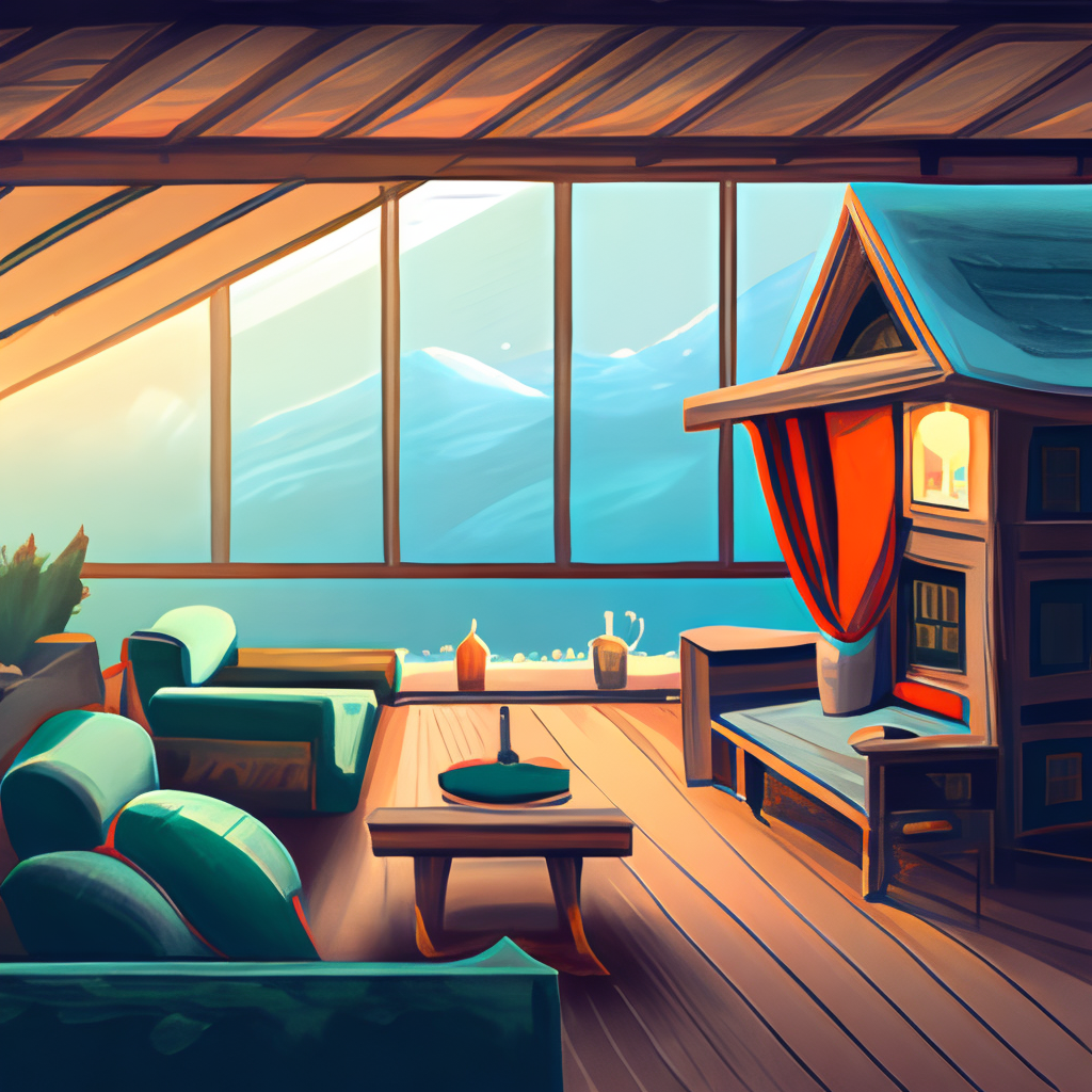 a digital illustration of a cozy cabin in the mountains, overlooking the ocean, with a warm fire inside and snow falling outside