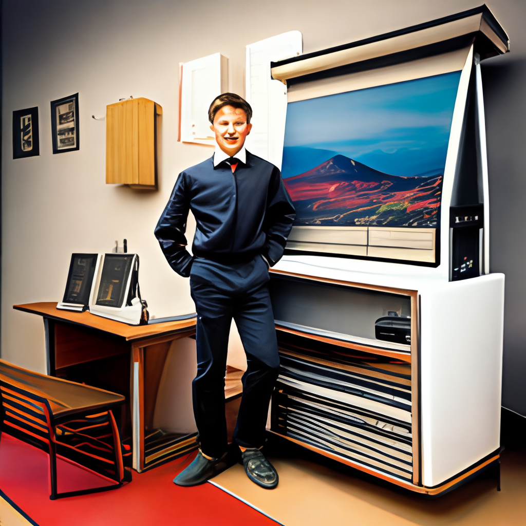 A picture of a young Elon Musk standing next to a computer.