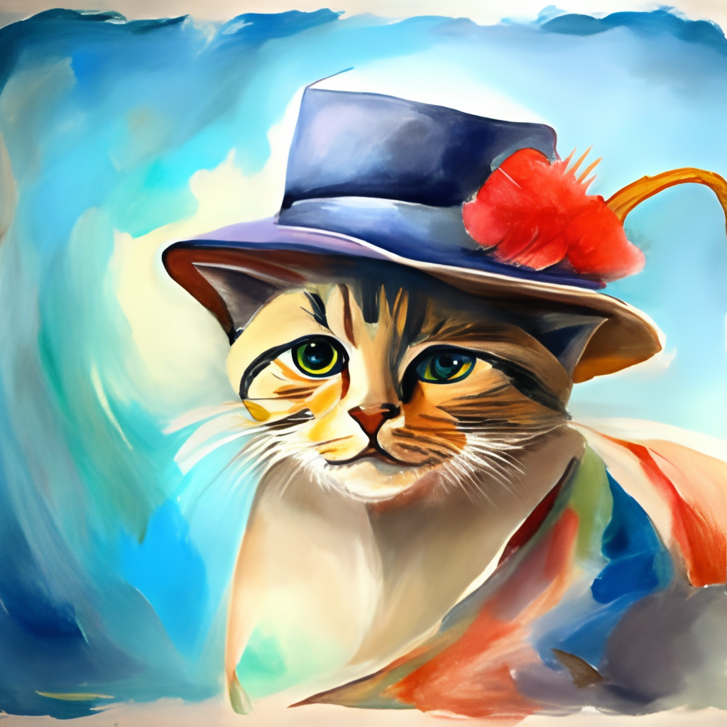 a funny painting of a cat wearing a hat, watercolor