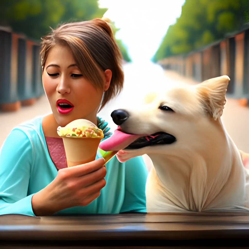 a girl eating ice cream with a dog licking part of it, pastel colors, 4k