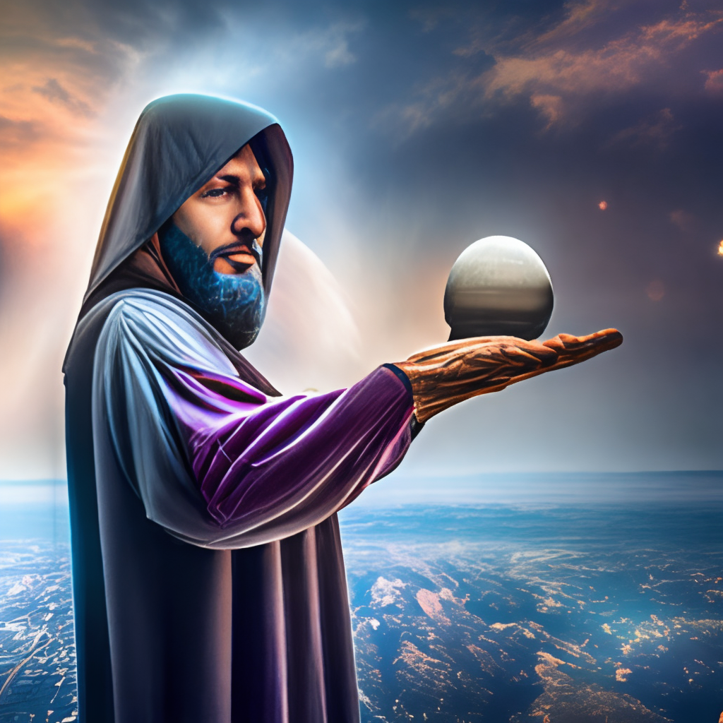 hooded bearded man holding a planet in his hand, cosmic star dust, galactic, uhd, hdr, 8k, maximalist”