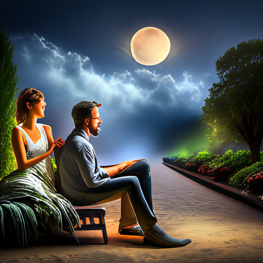 A beautiful woman and a handsome man are sitting in a garden under a full moonlit sky at night