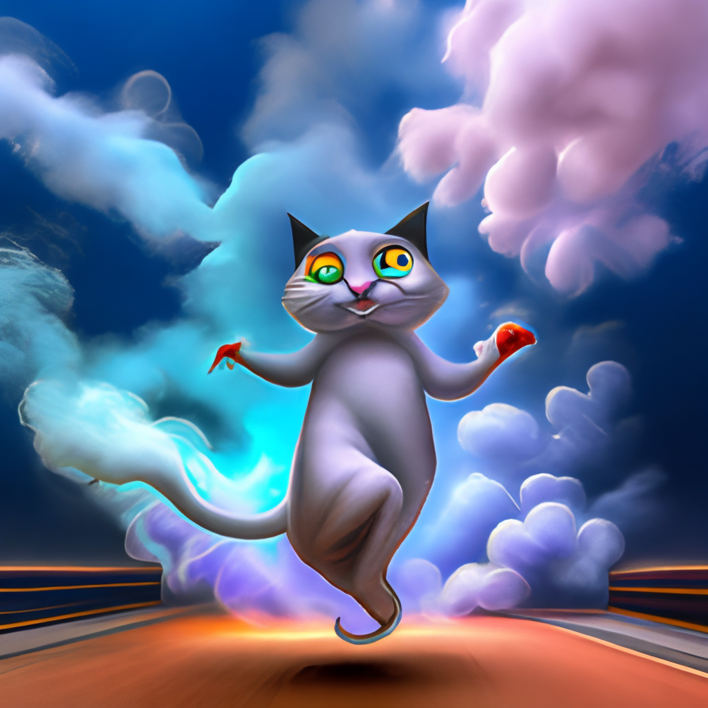 a dancing cat in blue smoke 