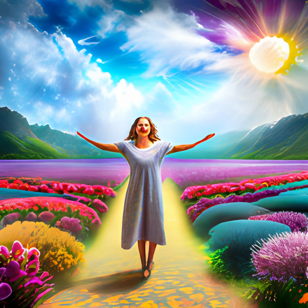 Create an image of a person standing in the midst of a colorful flower field, with their arms outstretched and their face turned up towards the sun. The person should be surrounded by a variety of flowers in different colors and shapes, symbolizing the diversity and beauty of life. In the foreground, there should be a series of images that represent the themes of joy, love, and hope, such as a butterfly, a heart-shaped cloud, or a rainbow. The overall mood should be one of happiness and positivity, symbolizing the power of nature to uplift our spirits and remind us of the beauty that exists all around us.