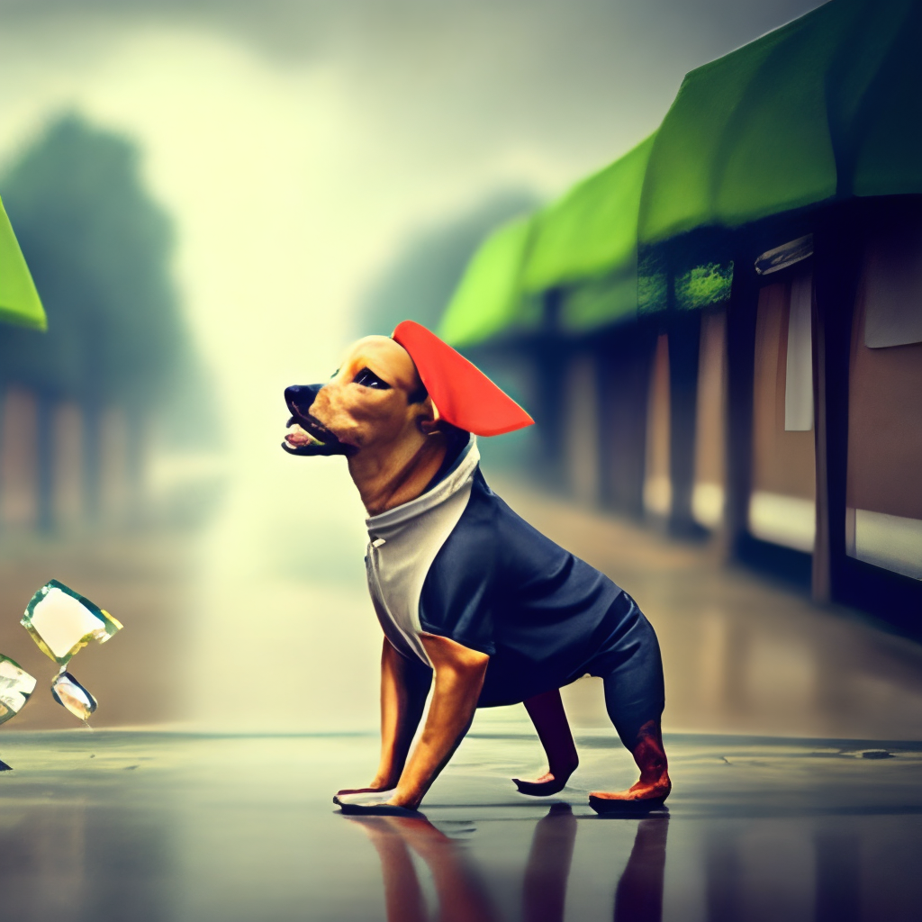 a small dog throwing paper in the rain 