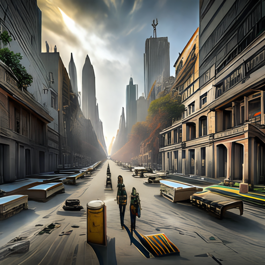 la imagen muestra la  ciudad de new york en ruinas despues de un evento apocaliptico,full hd,16k,ultra-realista,3/4 portrait al estilo de la serie the walking dead y the last of us,ultra apocaliptico