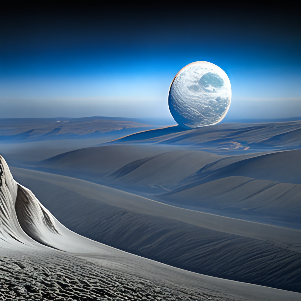  The stark, barren landscape of the moon, with craters and valleys stretching out to the horizon