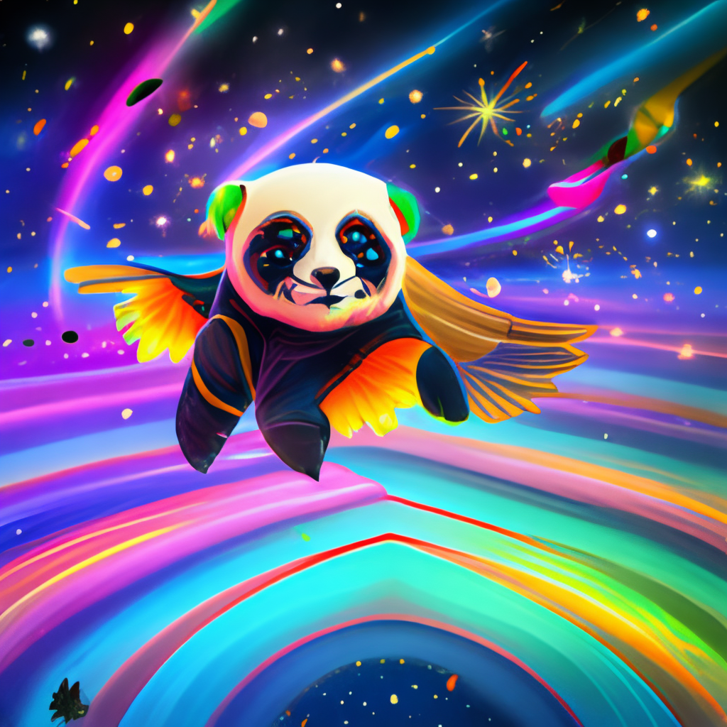 a neon-colored panda with wings, soaring through a galaxy of stars and planets