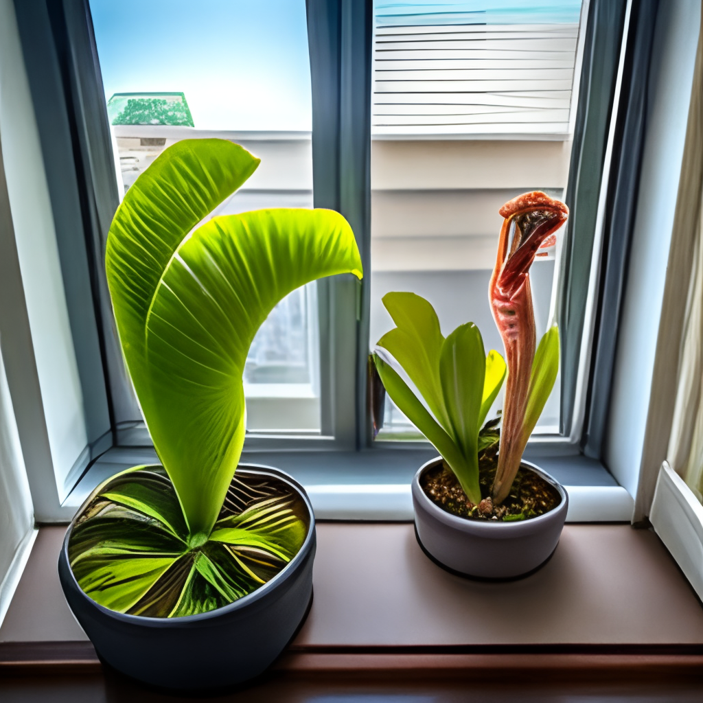 two carnivorous plants in front of a window