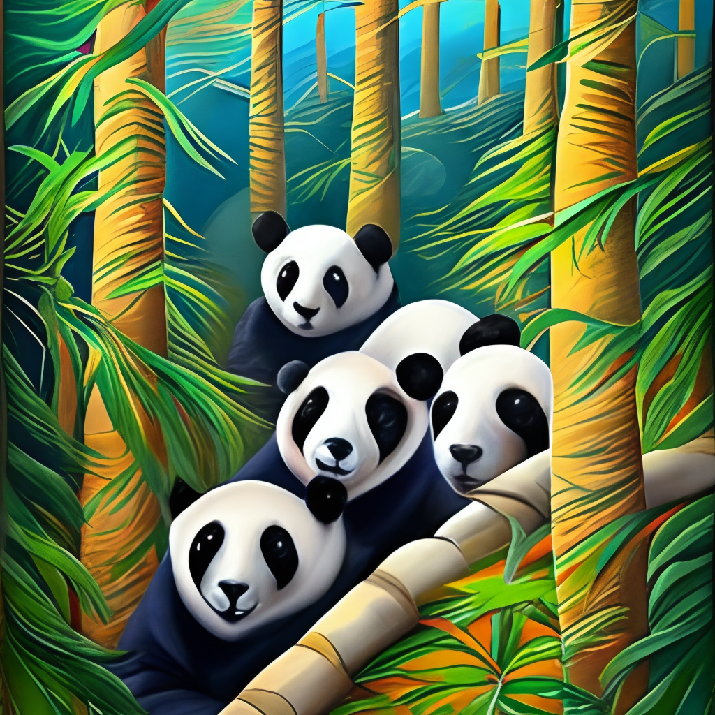 a beautiful painting of multiple pandas playing in a bamboo forest, classic painting style