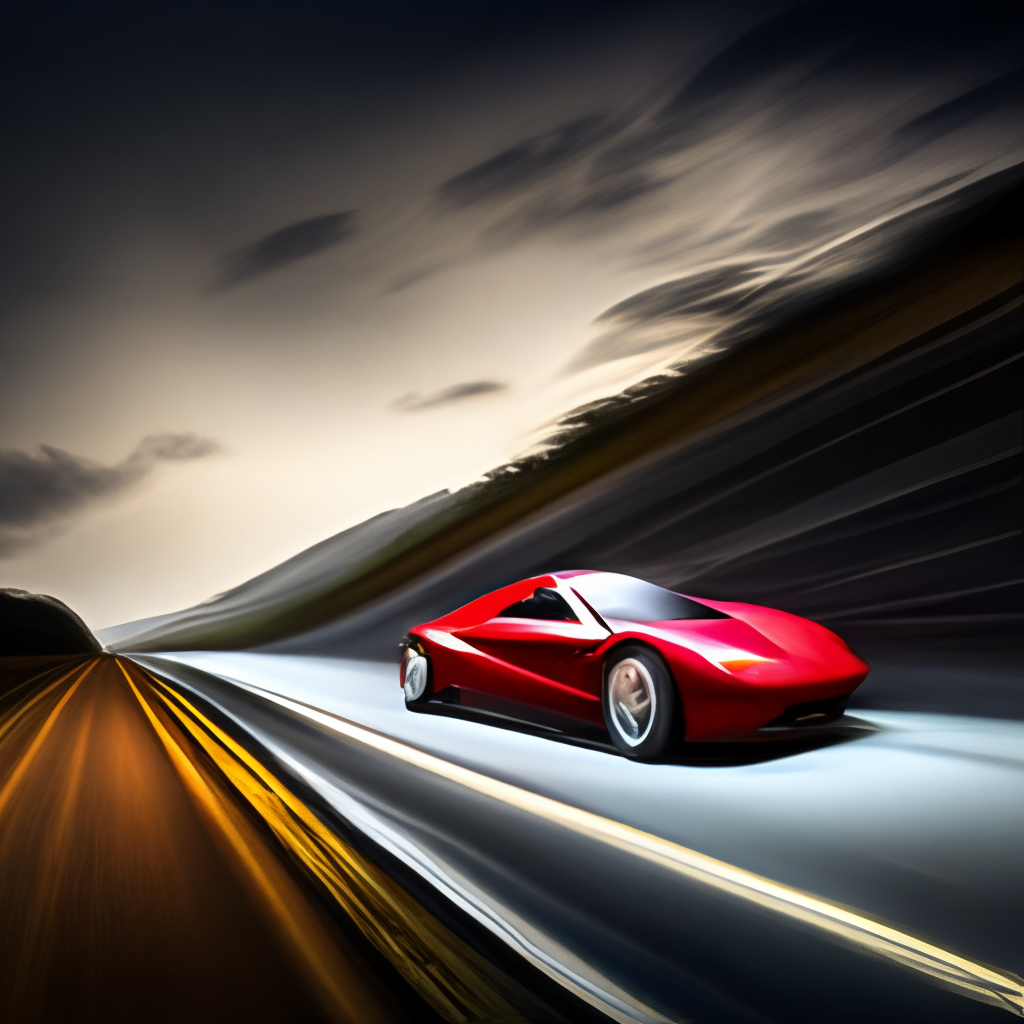 a red, sleek, sports car speeding down an empty highway at night, minimalistic design