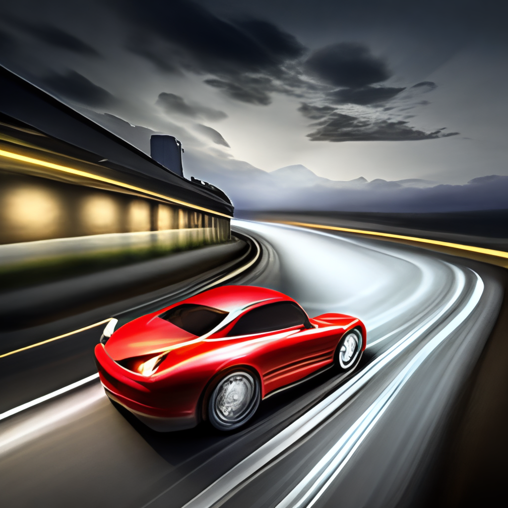 a red, sleek, sports car speeding down an empty highway at night, minimalistic design