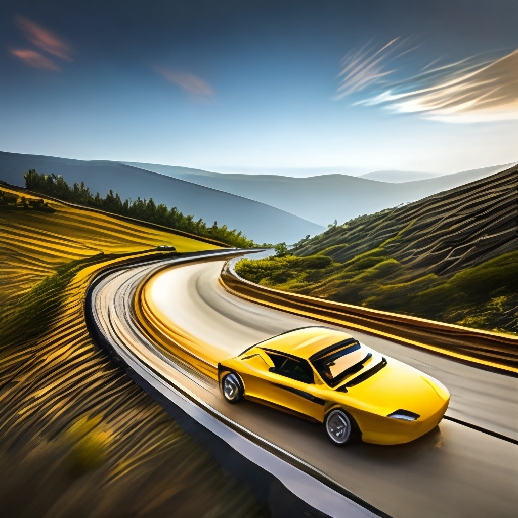 a bright yellow, fast, sports car driving through a winding mountain road, contemporary design, sunset lighting