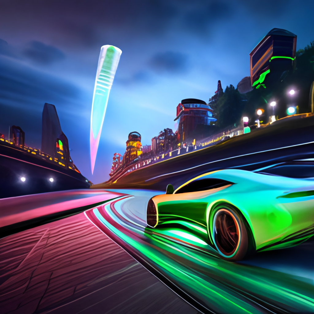 a green, sleek, futuristic sports car driving on a deserted road during the night, with neon lights under the car and in the background