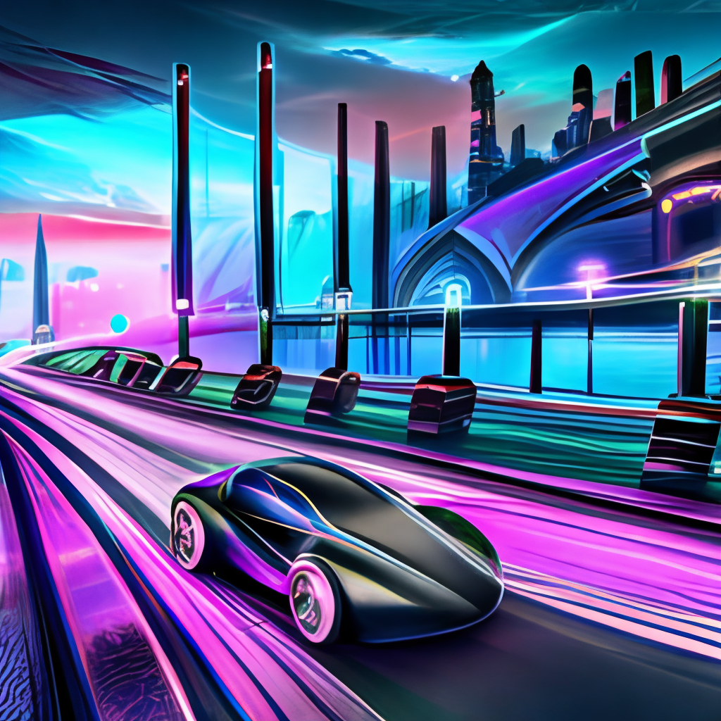 a purple, futuristic, electric sports car driving on a bridge, night environment with light trails on the background