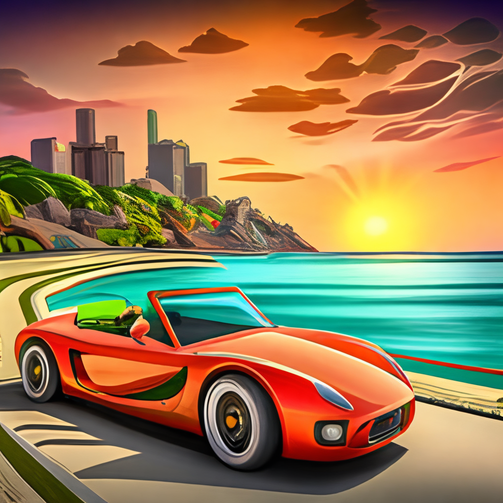 an orange, speedy, convertible sports car driving in the summer sunset, retro design, with a beach on the background