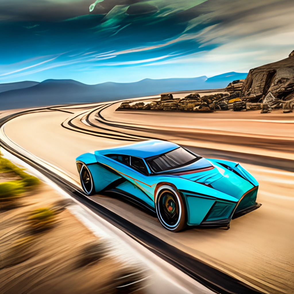 a turquoise, modern, geometric sports car driving on a road through the desert, with cacti on the background