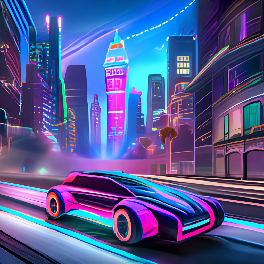 a fuchsia, futuristic, electric sports car driving on a neon-lit highway, with big city buildings on the background