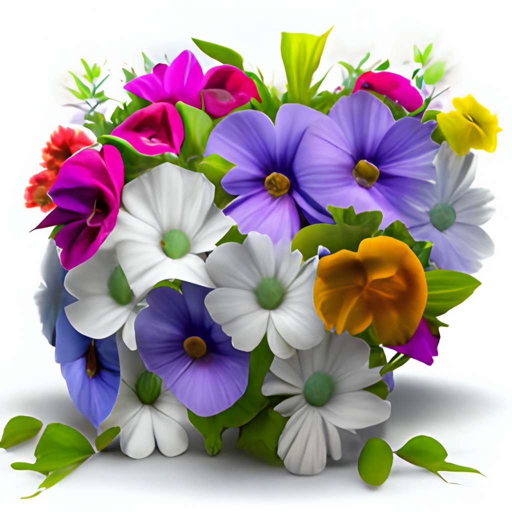 a bouquet of petunia flowers, various petunia colors, against a white background