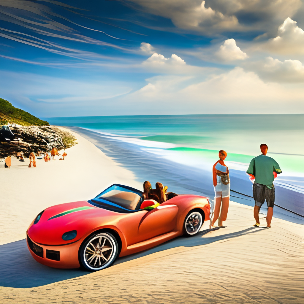 a petunia-colored sports car parked on the beach, sunny sky, with people on  the sand