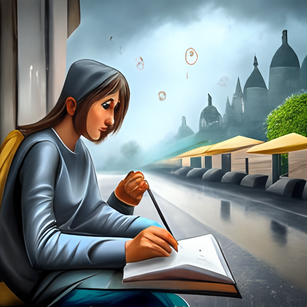 A girl studying in the rain painting style 