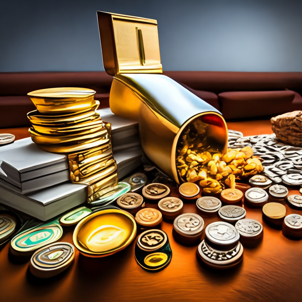 a table full of money, gold a jewells
