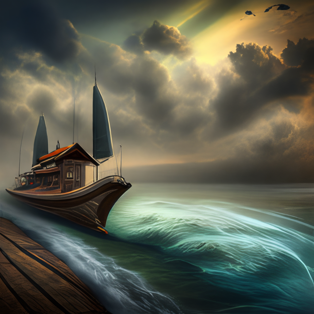 A real photographic landscape painting with incomparable reality,Super wide,Ominous sky,Sailing boat,Wooden boat,Lotus,Huge waves,Starry night,Harry potter,Volumetric lighting,Clearing,Realistic,James gurney,artstation --ar 9:16