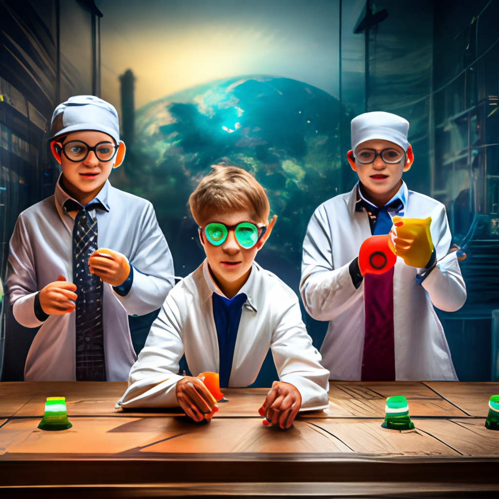 Three kids-scientists in chemical laboratory in cyberpunk style do experiment