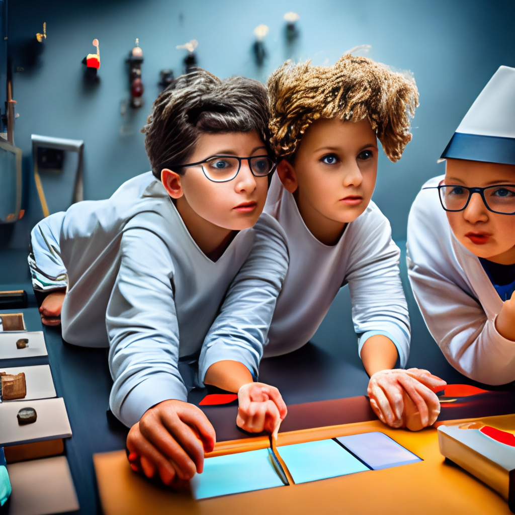 Three kids-scientists in chemical laboratory in cyberpunk style do experiment, a curly-haired boy on the left is looking into a microscope, two girls are watching