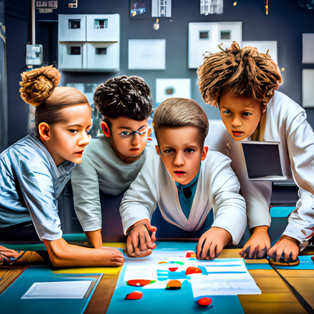 Three kids-scientists in chemical laboratory in cyberpunk style do experiment, a curly-haired boy on the left is looking into a microscope, two girls are watching
