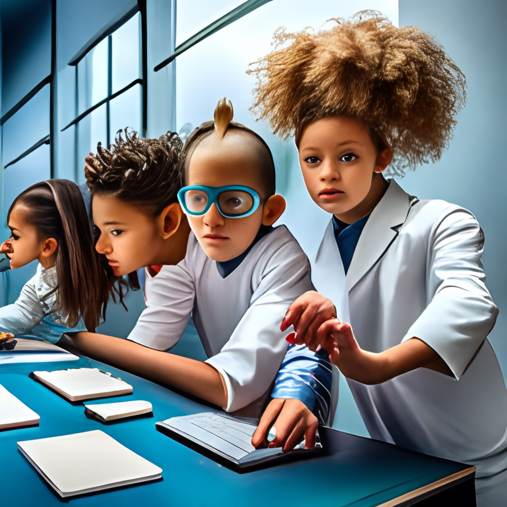  kids-scientists in chemical laboratory in cyberpunk style do experiment, a curly-haired boy on the left is looking into a microscope, two girls are watching