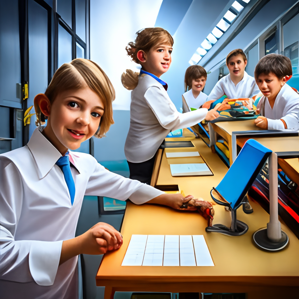 Children scientists in front of a table in a fantastic bio-laboratory of the future, on the left a curly-haired boy looks into a microscope, on the right two girls watch him