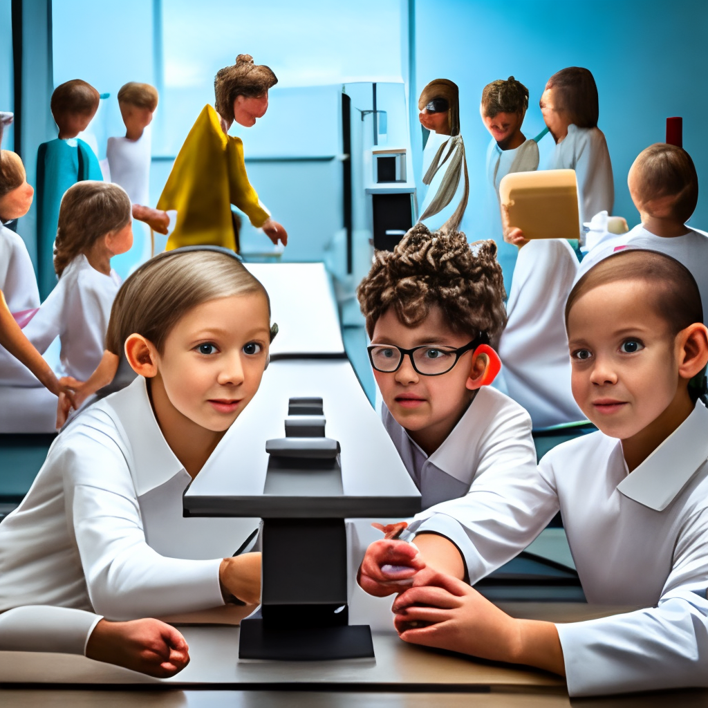 Children scientists in front of a table in a fantastic bio-laboratory of the future, on the left a curly-haired boy looks into a microscope, on the right two girls watch him