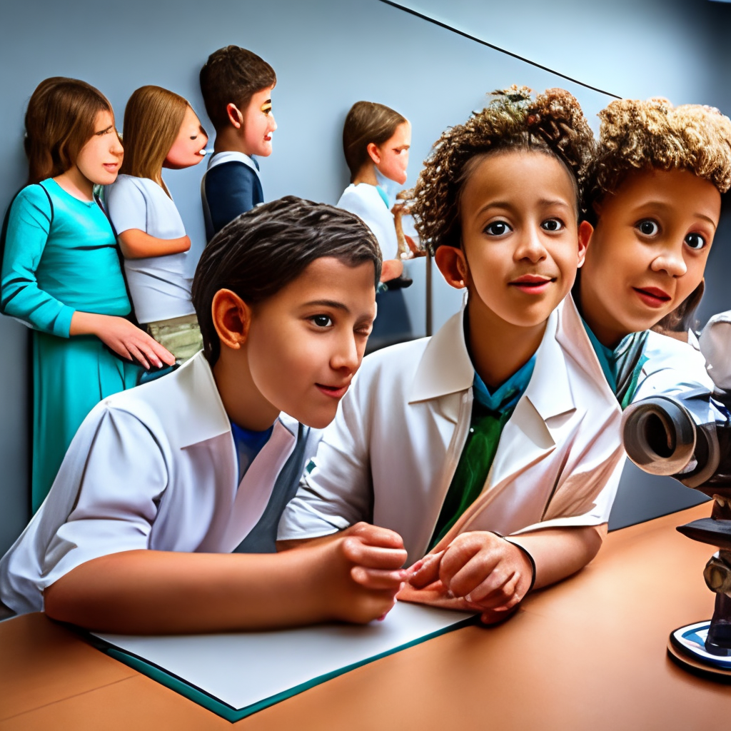 Children scientists in front of a table in a fantastic bio-laboratory , on the left a curly-haired boy looks into a microscope, on the right two girls watch him