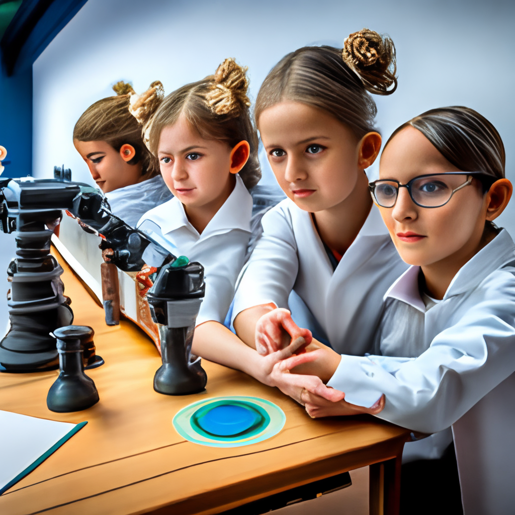 Children scientists in front of a table in a fantastic bio-laboratory , on the left a curly-haired boy looks into a microscope, on the right two girls watch him