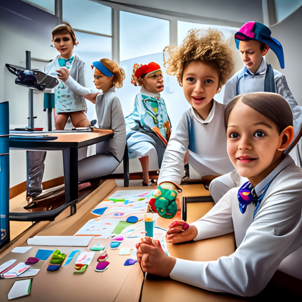Children scientists in front of a table in a fantastic bio-laboratory , on the left a curly-haired boy looks into a microscope, on the right two girls watch him