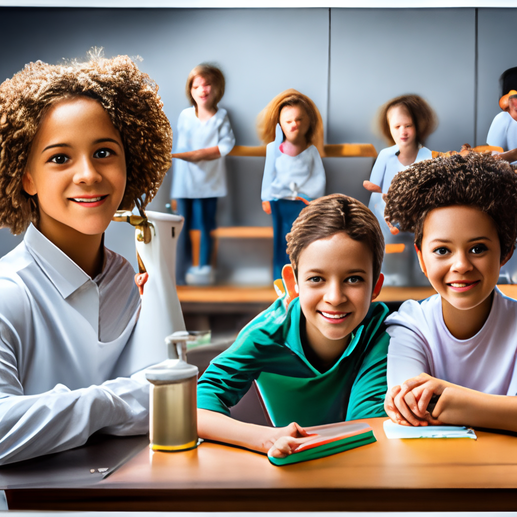 Children scientists in front of a table in a fantastic bio-laboratory , on the left a curly-haired boy looks into a microscope, on the right two girls watch him