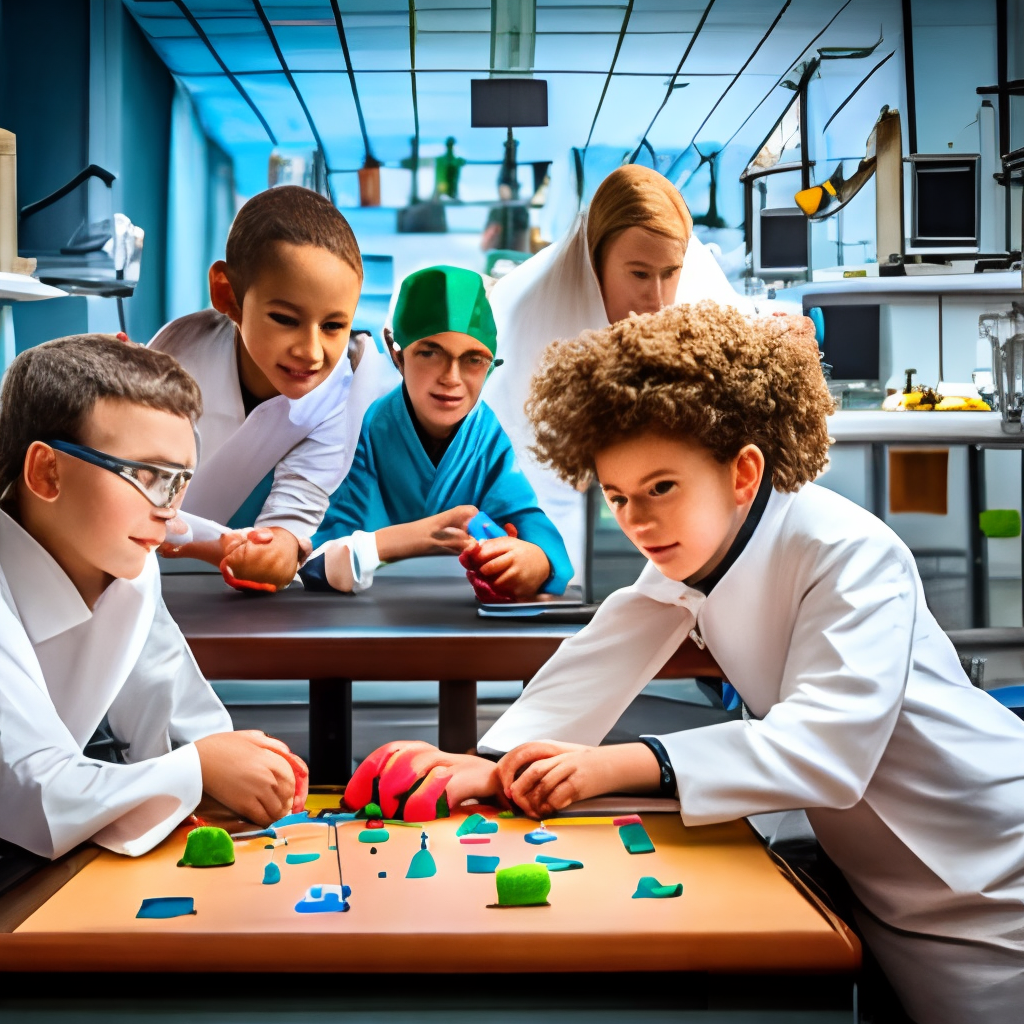 Children scientists in front of a table in a fantastic bio-laboratory of the future, on the left a curly-haired boy looks into a microscope, on the right two girls watch him
