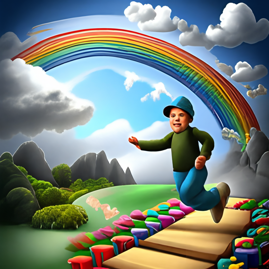 A BOY JUMPING OVER RAINBOW 
