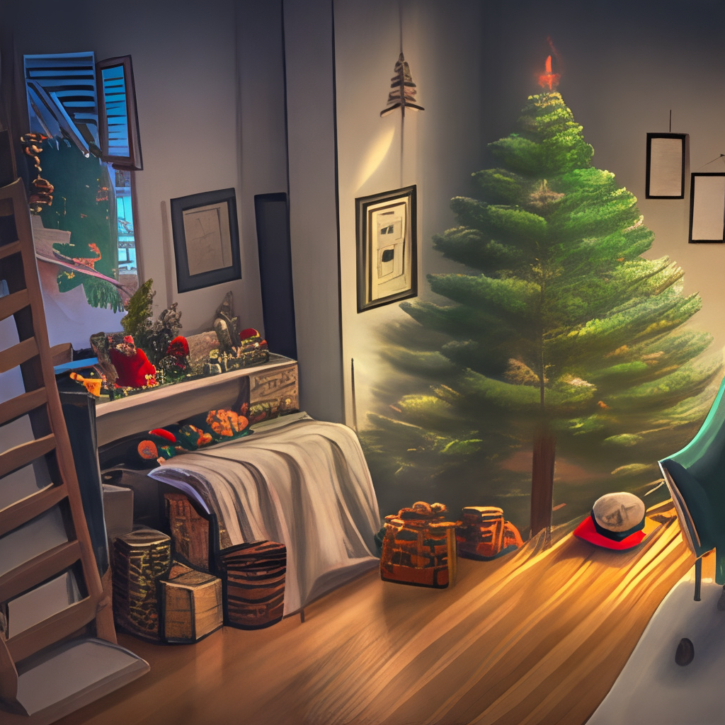 a studio ghibli scene of a cozy room adorned with a christmas tree, a woman cleaning, anime-style watercolor, high saturation and contrast