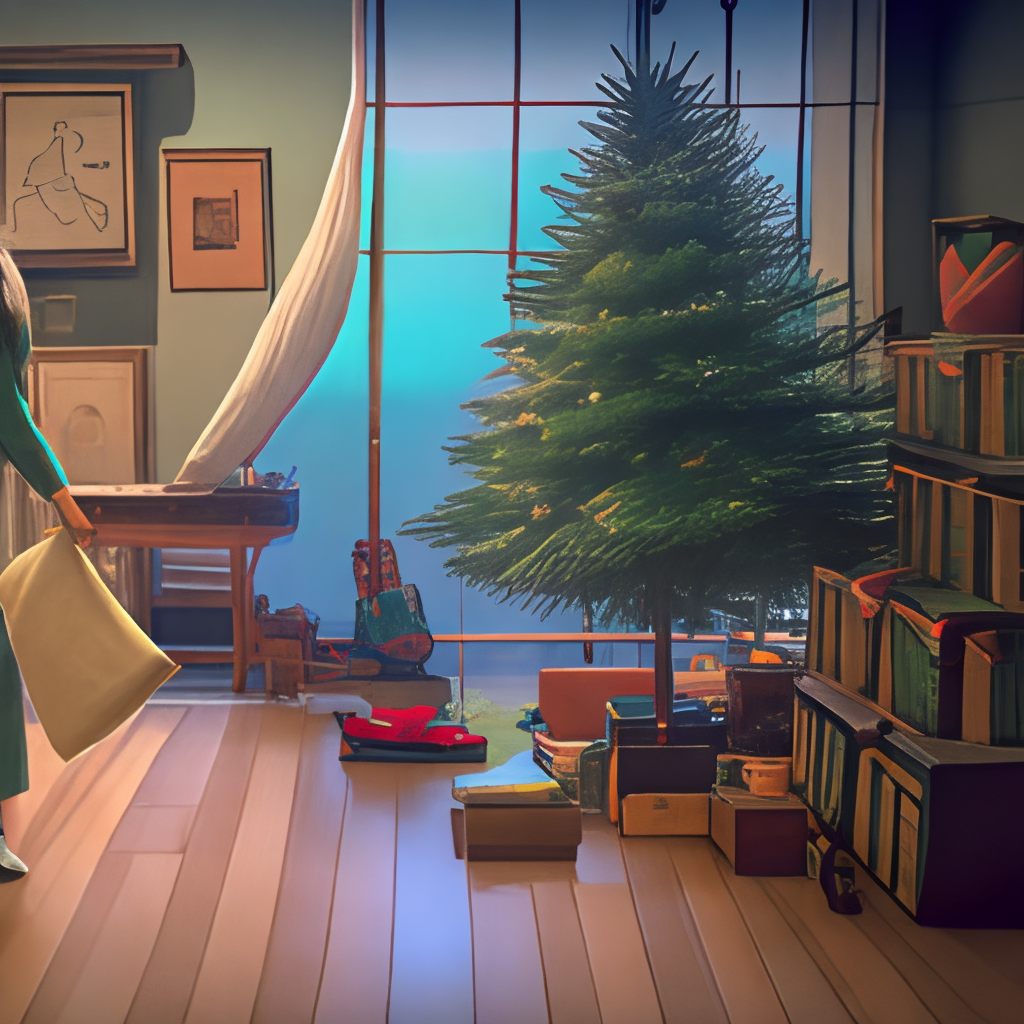 a spirited away moment showing a woman cleaning a room with a christmas tree, studio ghibli style