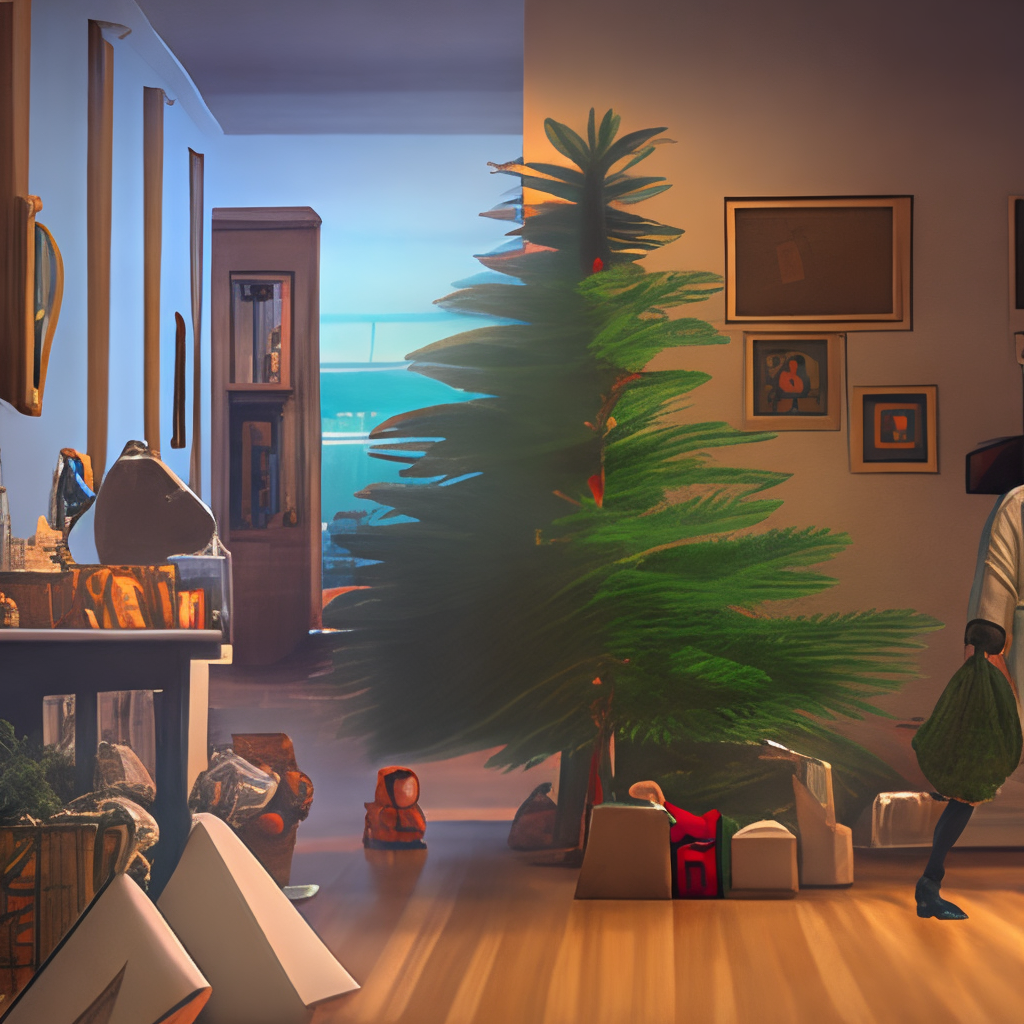 a spirited away moment showing a woman cleaning a room with a christmas tree, studio ghibli style