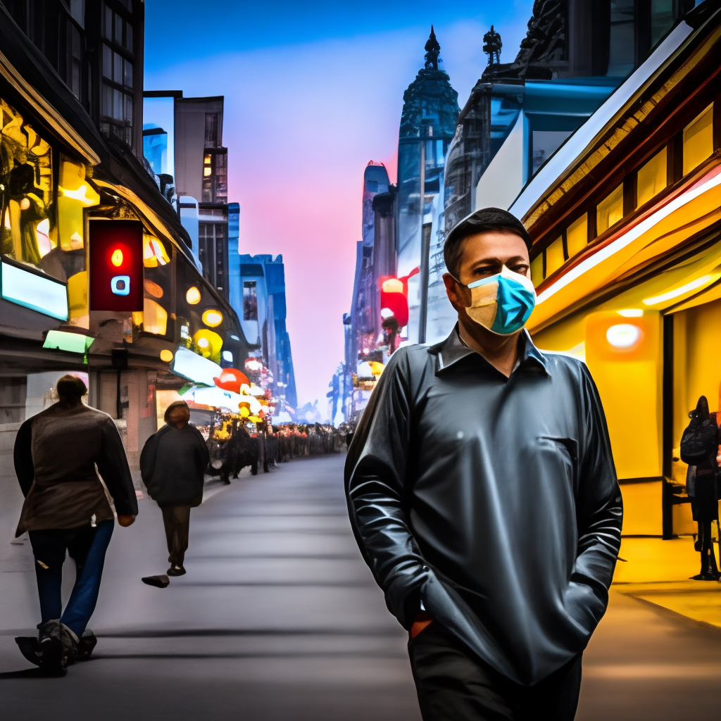  A man is seen walking down a busy street, wearing a mask and looking around suspiciously.