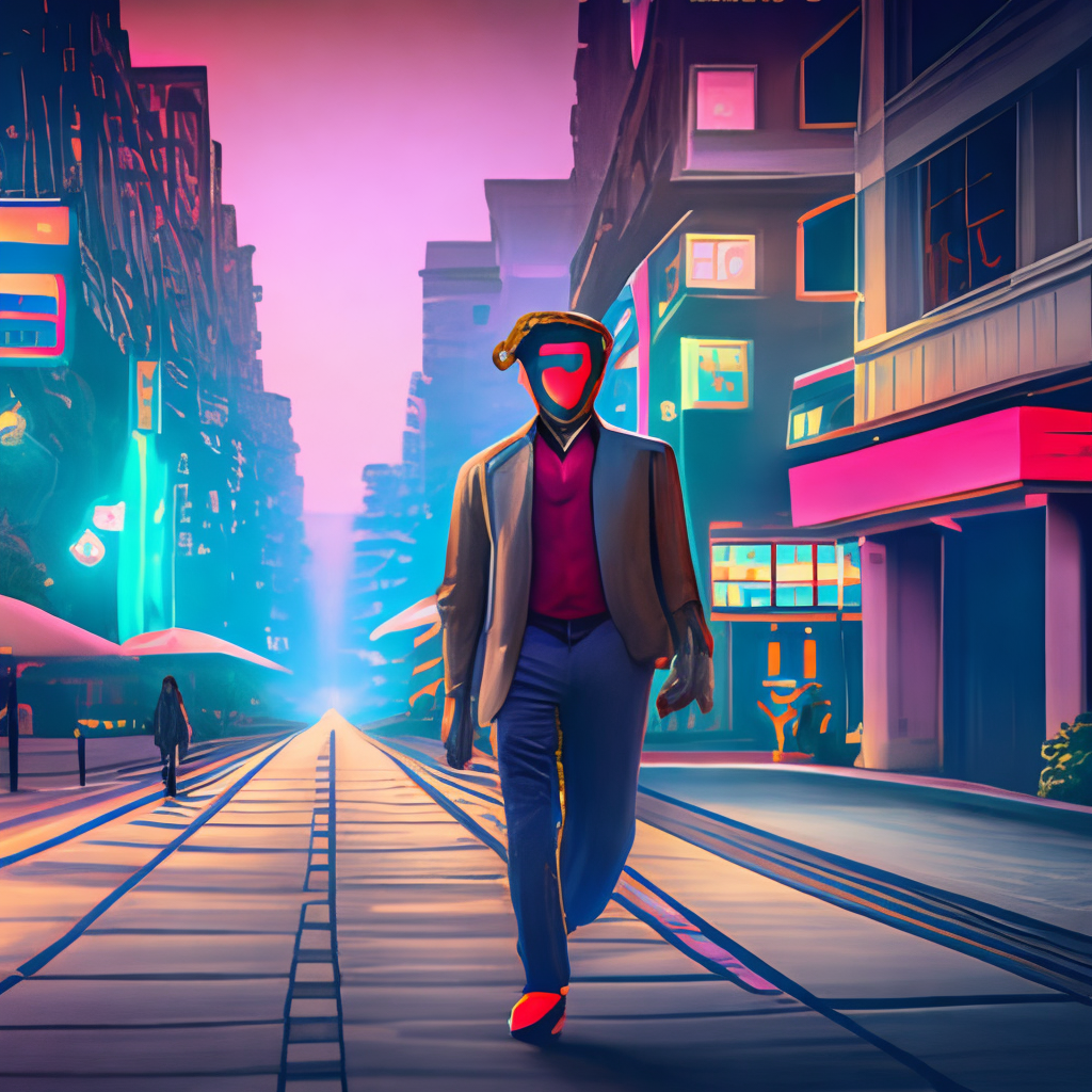 A man is seen walking down a busy street, wearing a mask and looking around suspiciously., retrowave, synthwav