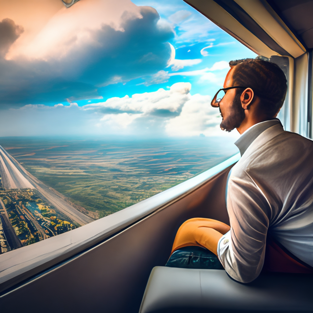 A man looking to earth from the window of an airplane flying in mixico city 